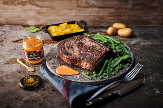 Côte de bœuf, légumes, gratin dauphinois & sauce bourguignonne Maille