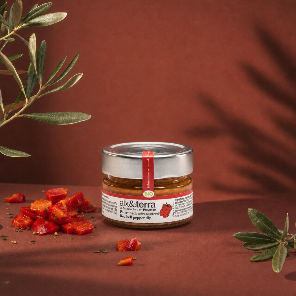 Pot de poivronnade bio Aix & Terra présenté sur fond terracotta, accompagné de morceaux de poivron rouge grillé et de branches d’olivier, dans une ambiance chaleureuse inspirée de la Provence.