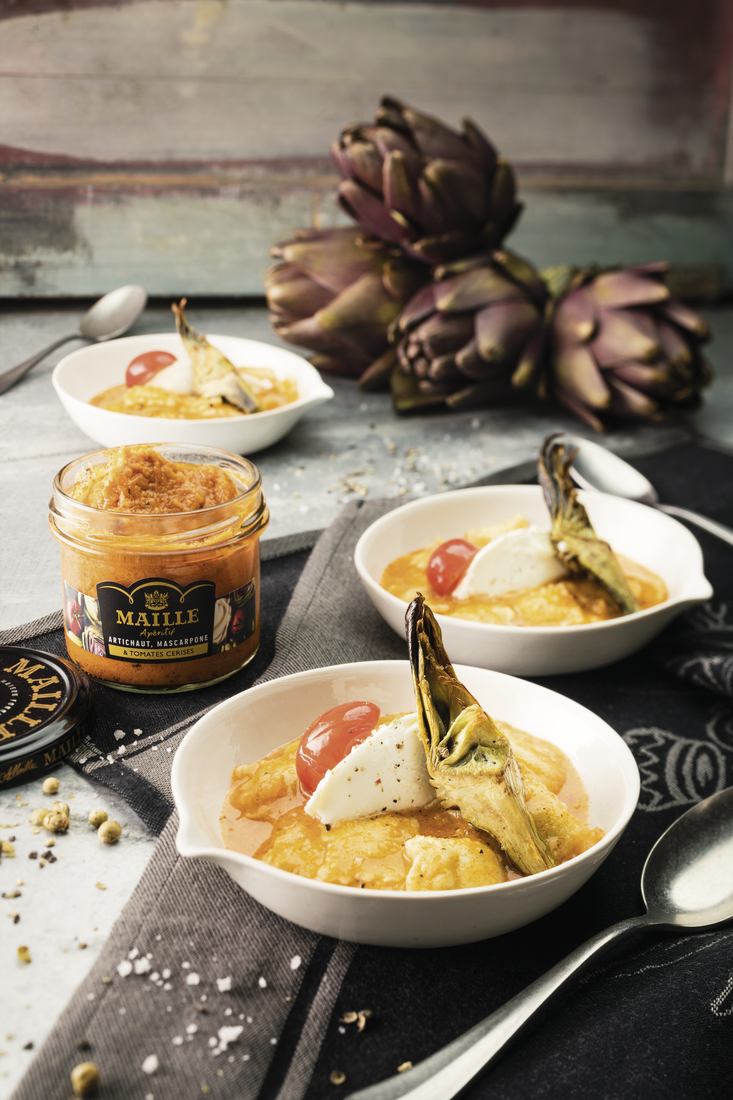 Ravioles de St jeans artichaut, mascarpone et tomates cerises