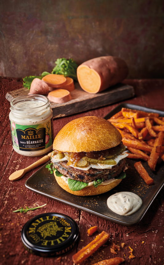 Burger de canard, frites de patates douces & sauce béarnaise Maille