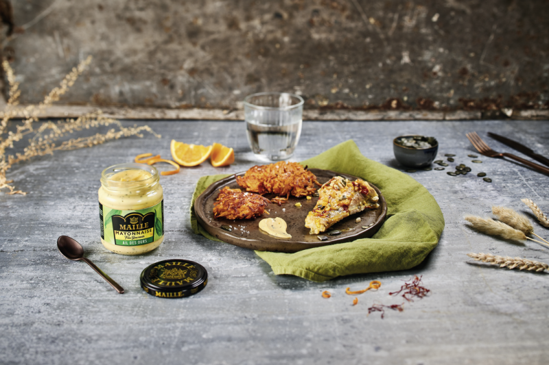 Lotte au safran et röstis de patate douce & Mayonnaise Maille à l'Ail des ours