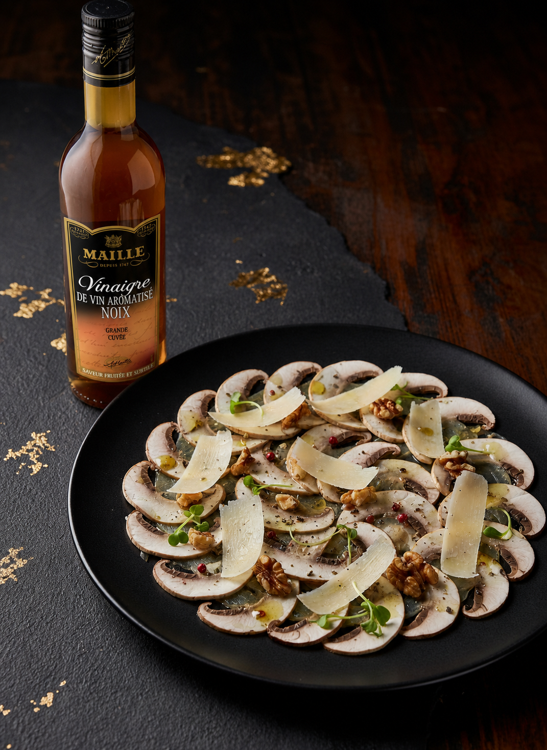 Carpaccio de champignons, parmesan et noix au vinaigre de noix