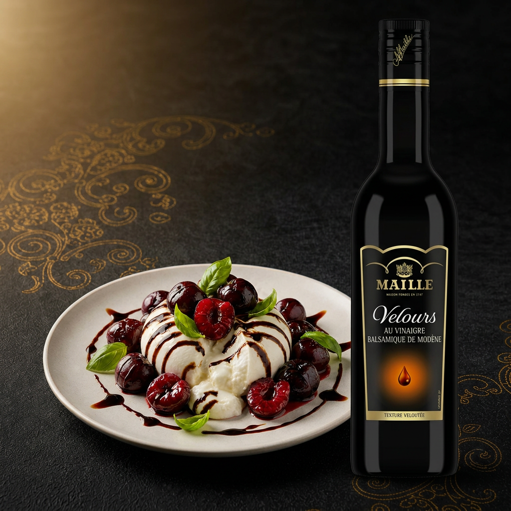 Cerises rôties, burrata et Velours de Balsamique | Maille