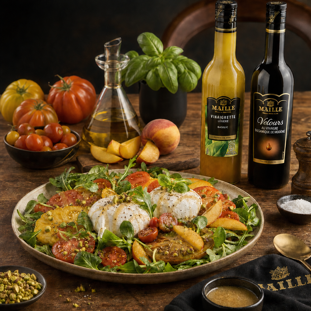 Salade burrata, pêches et Vinaigrette Basilic | Maille