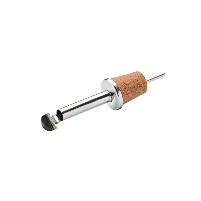 un bec verseur en inox avec un bouchon de liege qui s'adapte à toutes les bourteilles standart aux cruchons maille