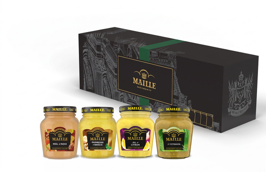 COFFRET COMPOSE DE 4 MOUTARDES MAILLE AU PARMESAN ET BASILIC A LAIL ET CITRON A LESTRAGON ET AU MIEL ET NOIX