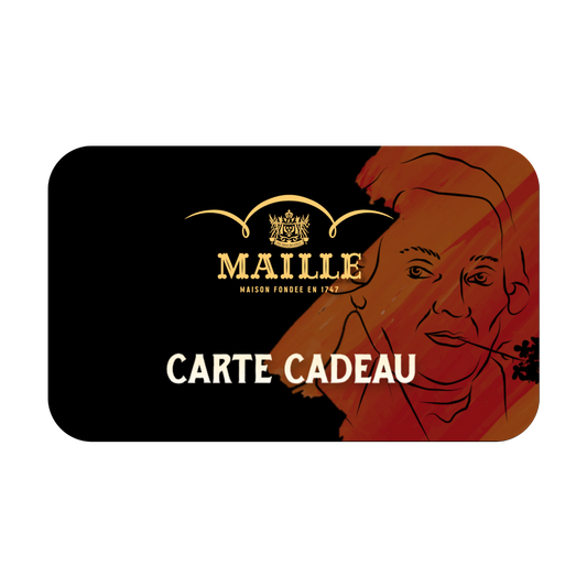 Carte cadeau Maille sur fond noir, ornée du logo doré de la Maison Maille et de l’inscription « Carte Cadeau » en lettres blanches. Le visuel est agrémenté d’une illustration artistique aux tons orange et rouge représentant un portrait stylisé, apportant une touche élégante et contemporaine.