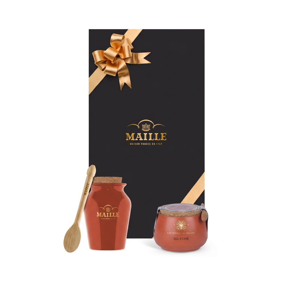 Coffret cadeau Maille Essentiel Terracotta avec pot en céramique terracotta, sel fumé Les Terres Blanches et cuillère en bois de buis. Idée cadeau gourmande pour les amateurs de gastronomie et d'art de la table.