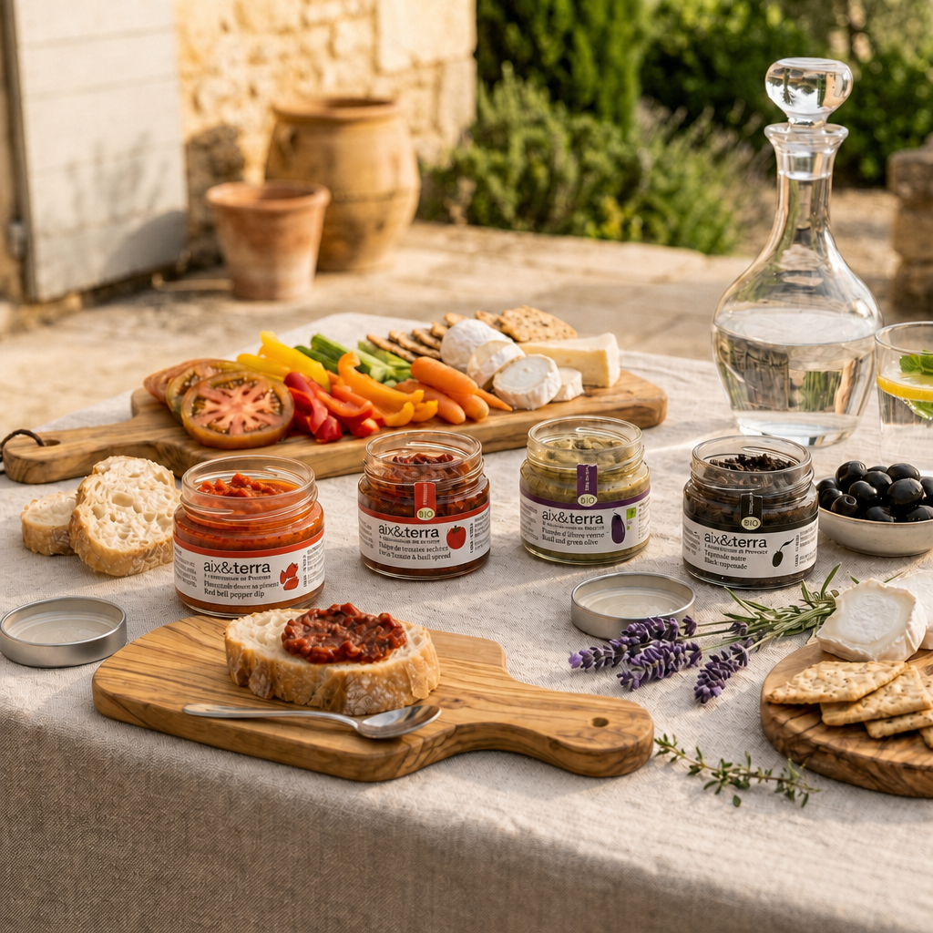 Assortiment de tartinables bio Aix & Terra présenté sur une table de dégustation en extérieur, accompagné de pain, légumes croquants, fromages, olives et crackers. Les recettes comprennent une poivronnade, une crème de tomates séchées, un caviar d’aubergines grillées et une tapenade noire.
