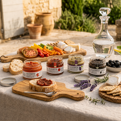 Assortiment de tartinables bio Aix & Terra présenté sur une table de dégustation en extérieur, accompagné de pain, légumes croquants, fromages, olives et crackers. Les recettes comprennent une poivronnade, une crème de tomates séchées, un caviar d’aubergines grillées et une tapenade noire.