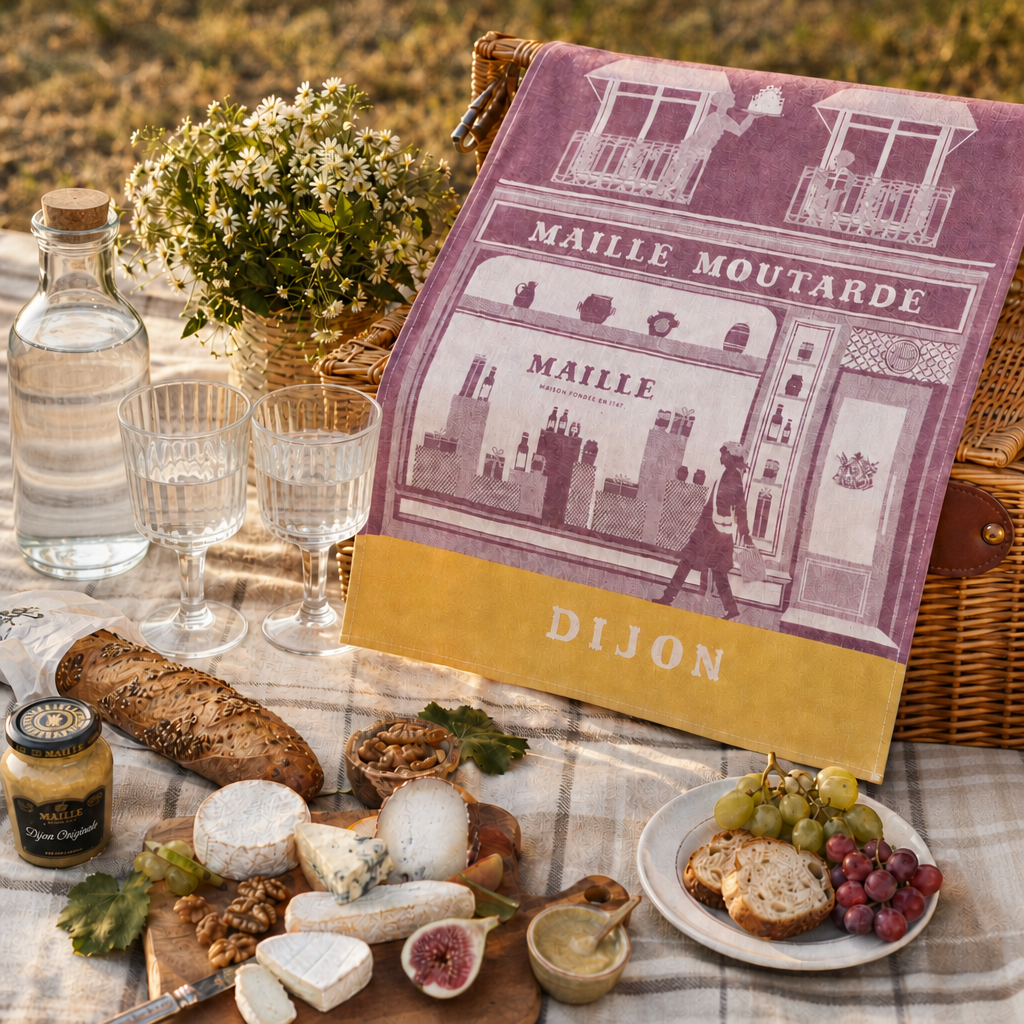 Torchon de cuisine Maille Dijon en coton jacquard, présenté lors d’un pique-nique gourmand avec pains, fromages, fruits et produits Maille en plein air.