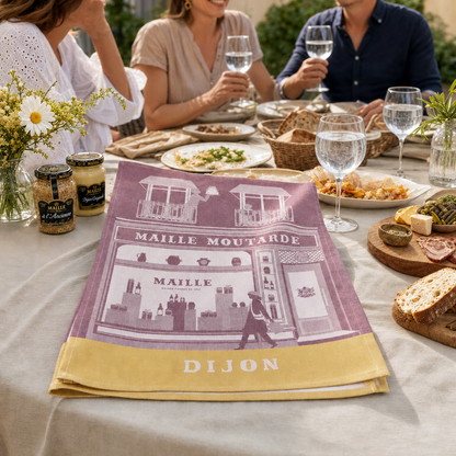 Torchon de cuisine Maille Dijon en coton jacquard, présenté sur une table conviviale aux côtés de produits Maille lors d’un repas de partage en extérieur.