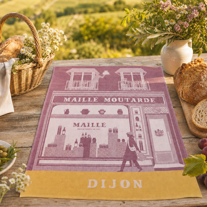 Torchon de cuisine Maille Dijon en coton jacquard, mis en scène sur une table rustique entourée de pain et de fleurs dans une ambiance champêtre bourguignonne.