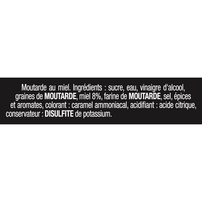 Visuel présentant la liste des ingrédients de la moutarde au miel Maille. La recette est élaborée à partir de sucre, d’eau, de vinaigre d’alcool, de graines de moutarde, de miel (8 %), de farine de moutarde, de sel, d’épices et d’aromates. Le visuel mentionne également la présence d’un colorant, d’un acidifiant et d’un conservateur, ainsi que l’allergène moutarde et les sulfites.