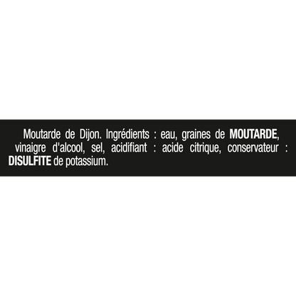 Texte présentant la liste des ingrédients de la moutarde de Dijon Maille L’Originale. La recette est composée d’eau, de graines de moutarde, de vinaigre d’alcool et de sel. Le visuel mentionne également la présence d’acide citrique comme acidifiant et de disulfite de potassium comme conservateur. L’allergène moutarde est mis en évidence dans le texte.