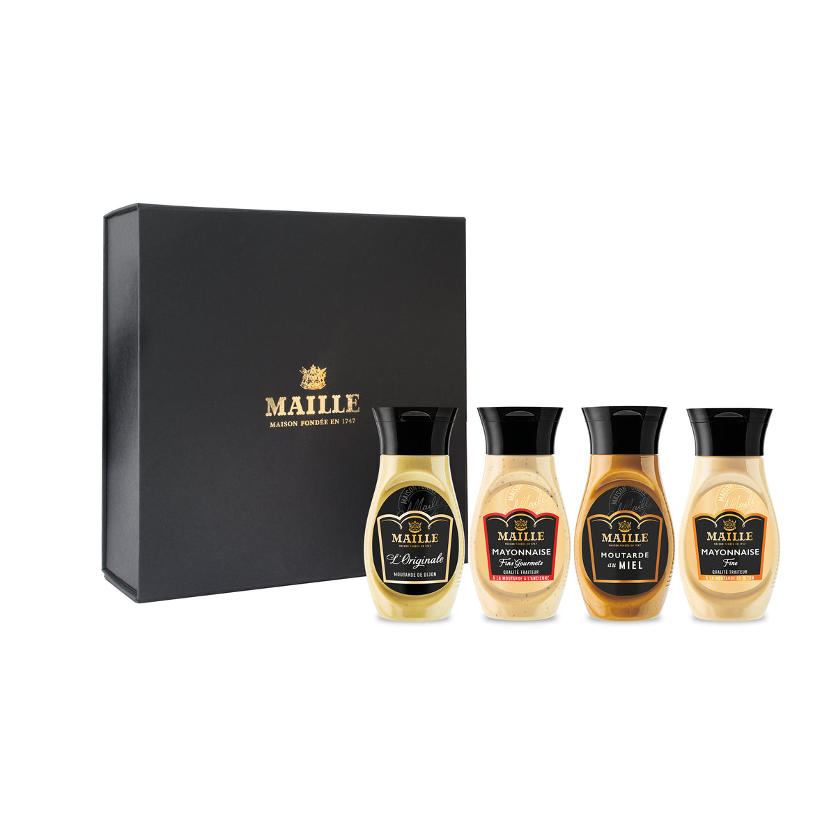 Coffret cadeau Maille composé de quatre sauces et condiments gourmands, dont mayonnaise, moutarde au miel et vinaigrette, présenté dans un élégant écrin noir.