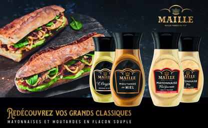 Visuel promotionnel Maille mettant en avant une sélection de moutardes et mayonnaises en flacon souple. Au premier plan, quatre produits Maille sont présentés devant deux sandwichs garnis de salade verte, viande effilochée et sauce. Le fond sombre met en valeur les couleurs des produits et le logo Maille. Le texte promotionnel indique : « Redécouvrez vos grands classiques » et « Mayonnaises et moutardes en flacon souple ».