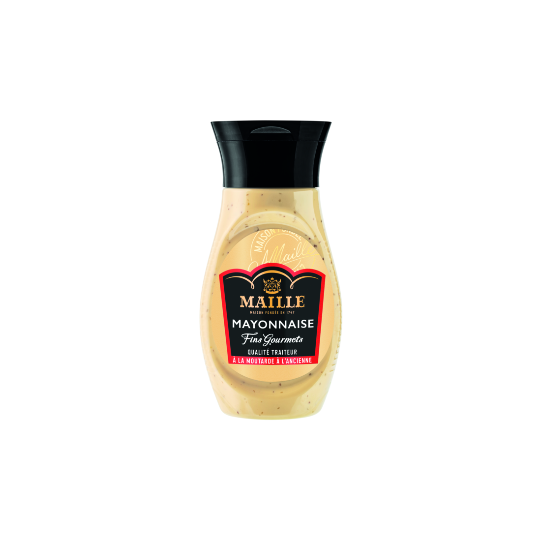 Mayonnaise Maille Fins Gourmets à la moutarde à l’ancienne présentée dans un flacon souple avec bouchon noir. La mayonnaise onctueuse de couleur crème est parsemée de grains de moutarde visibles. Le produit est détouré sur fond transparent, mettant en valeur le packaging noir, rouge et or emblématique de Maille.