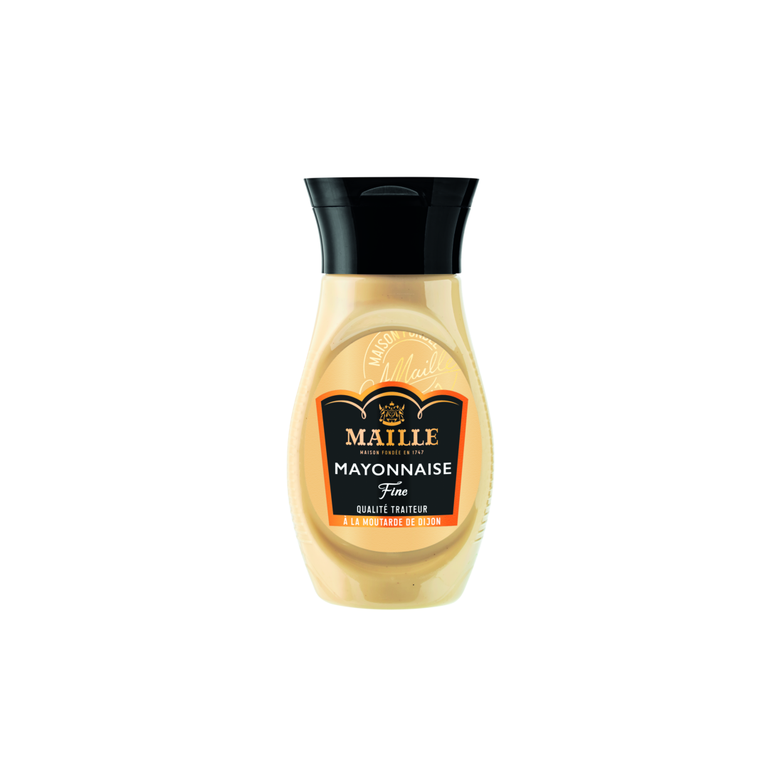 Mayonnaise Fine Maille à la moutarde de Dijon présentée dans un flacon souple avec bouchon noir. La mayonnaise onctueuse de couleur crème est visible à travers l’emballage. Le produit est détouré sur fond transparent, mettant en valeur le packaging noir, or et orange emblématique de Maille ainsi que la mention « Mayonnaise Fine - Qualité Traiteur à la moutarde de Dijon ».