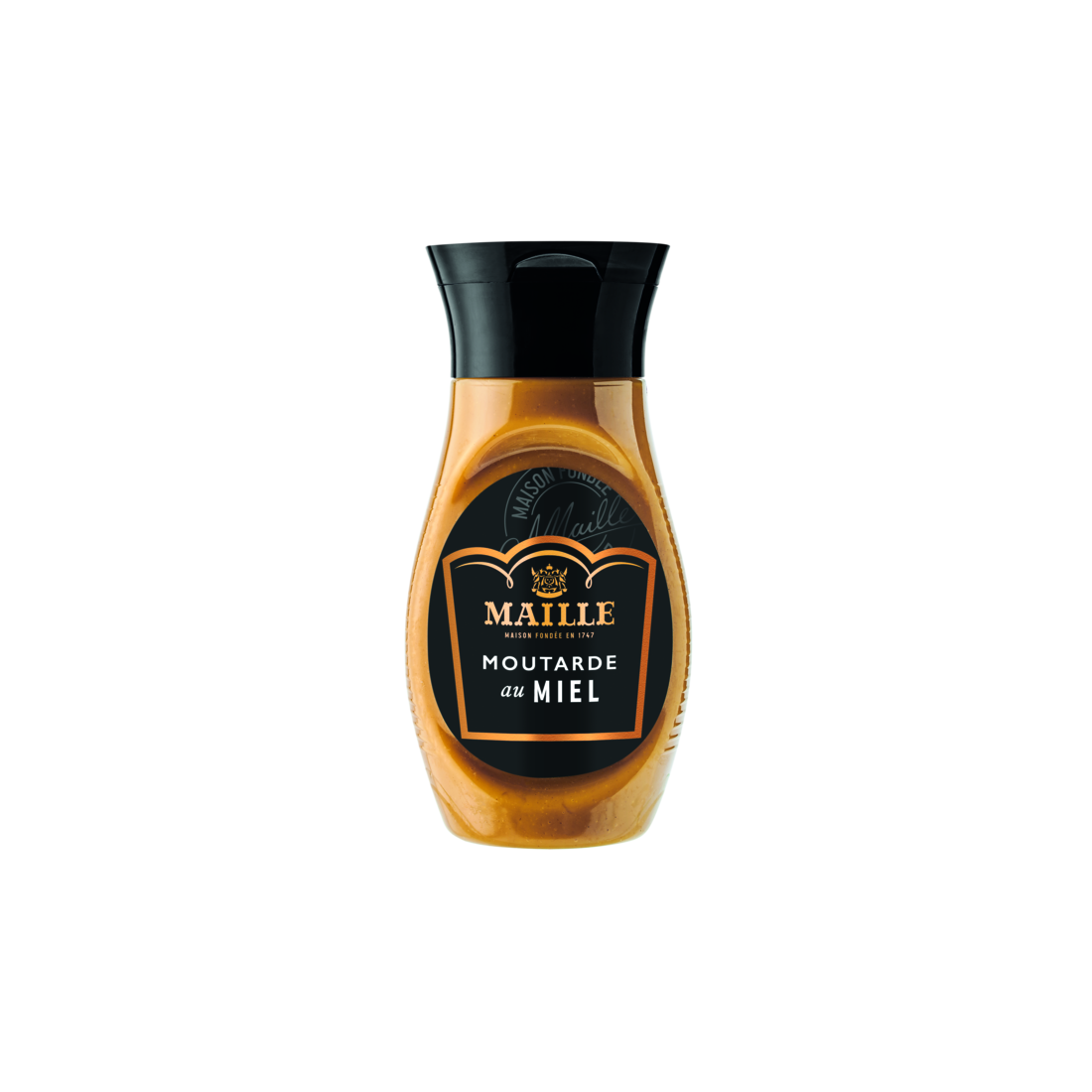 Flacon souple de moutarde au miel Maille avec bouchon verseur noir. L’étiquette noire et dorée met en avant la marque Maille et la dénomination « Moutarde au Miel ». Le produit présente une texture onctueuse de couleur dorée visible à travers le flacon transparent.