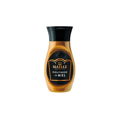 Flacon souple de moutarde au miel Maille avec bouchon verseur noir. L’étiquette noire et dorée met en avant la marque Maille et la dénomination « Moutarde au Miel ». Le produit présente une texture onctueuse de couleur dorée visible à travers le flacon transparent.