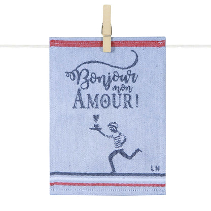 Para tapas de cuisine illustré de l’inscription « Bonjour mon amour ! », accompagné d’un personnage stylisé tenant une fleur, dans un esprit romantique et parisien.