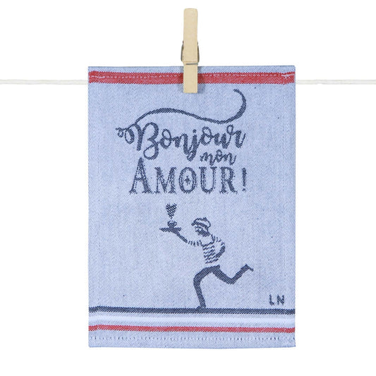 Para tapas de cuisine illustré de l’inscription « Bonjour mon amour ! », accompagné d’un personnage stylisé tenant une fleur, dans un esprit romantique et parisien.