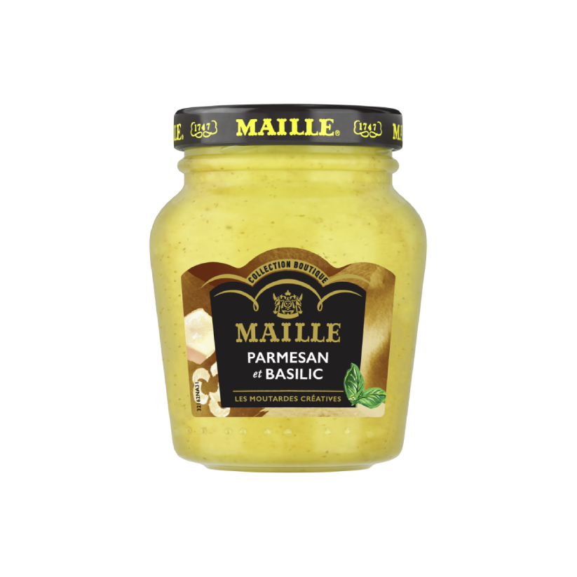 Moutarde Maille Parmesan et Basilic, une création gourmande associant le goût du parmesan et la fraîcheur du basilic dans un pot en verre.