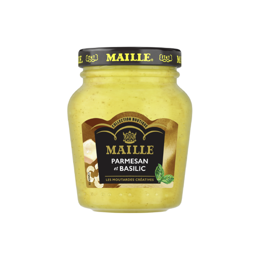 Moutarde Maille Parmesan et Basilic, une création gourmande associant le goût du parmesan et la fraîcheur du basilic dans un pot en verre.