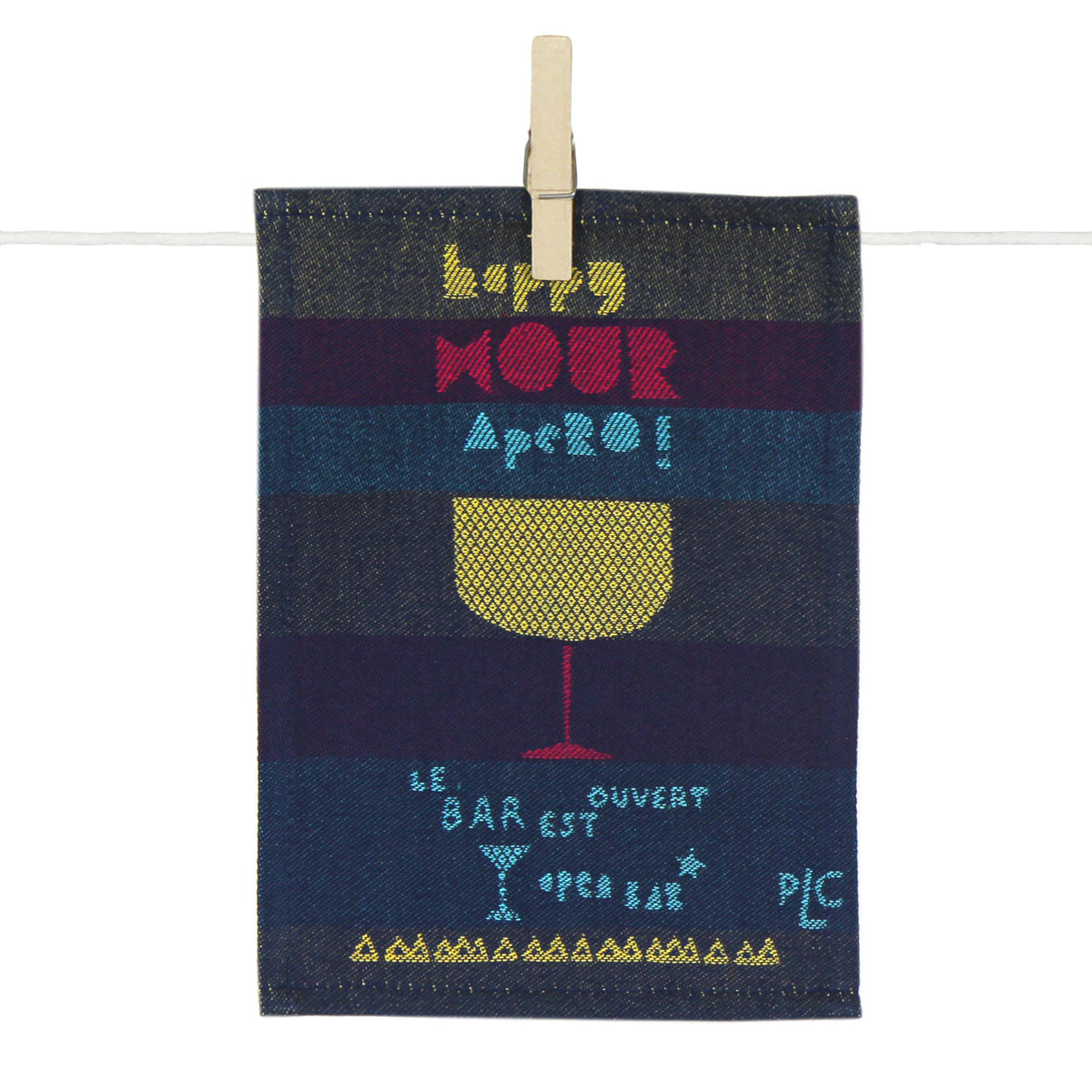 Torchon de cuisine humoristique illustré d’un verre à vin avec l’inscription « L’AMOUR après ! », dans un style coloré et convivial inspiré de l’art de vivre à la française.