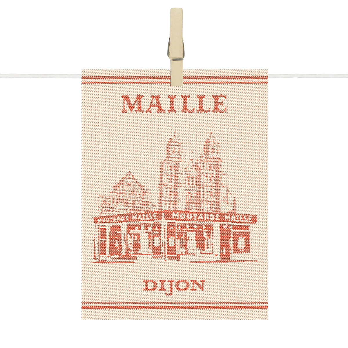 Para-tapas Maille Dijon en textile écru, illustré de la façade emblématique de la boutique Maille de Dijon avec l’inscription « Maille Dijon ».