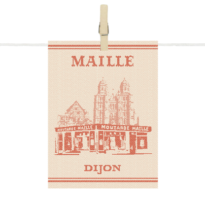 Para-tapas Maille Dijon en textile écru, illustré de la façade emblématique de la boutique Maille de Dijon avec l’inscription « Maille Dijon ».