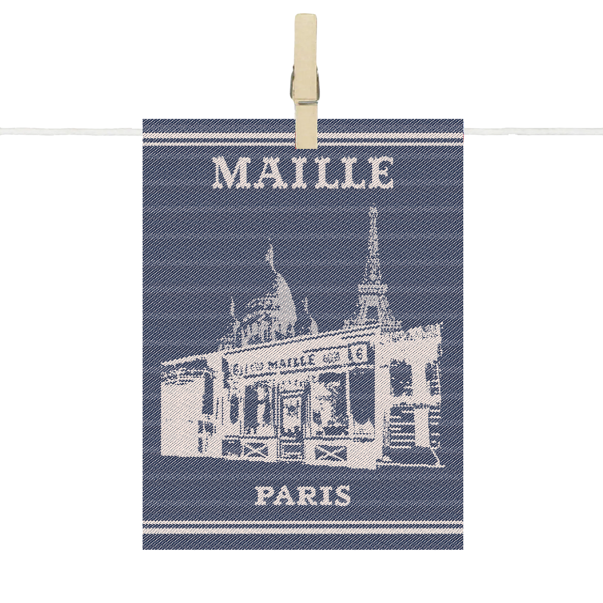 Para-tapas Maille Paris en textile bleu et écru, illustré de la façade emblématique de la boutique Maille de Paris avec l’inscription « Maille Paris ».