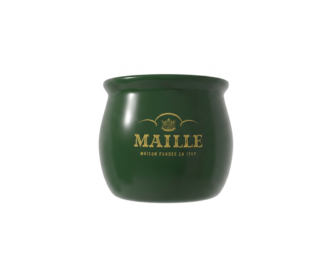 Pot en grès Maille vert forêt, finition brillante et logo doré, pour moutarde ou sauce.