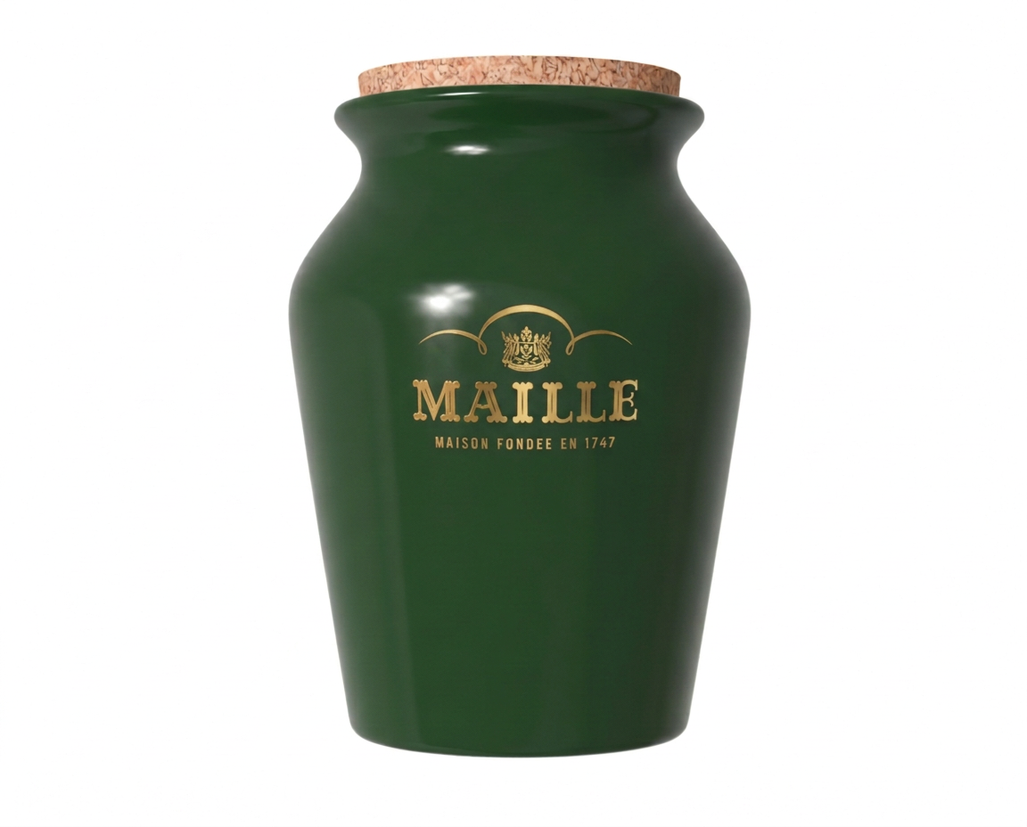 Pot en grès Maille vert forêt, finition brillante avec logo doré et bouchon en liège, collection exclusive.