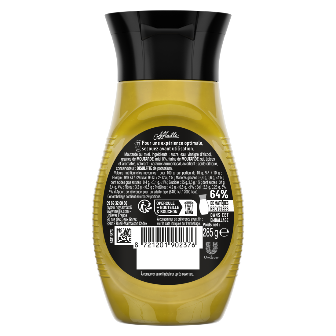 Vue arrière du flacon de moutarde au miel Maille. L’étiquette noire présente les informations produit, la liste des ingrédients, les valeurs nutritionnelles, un code-barres, un QR code ainsi que les consignes de tri et de recyclage de l’emballage. La couleur dorée de la moutarde est visible à travers le flacon transparent de 285 g, surmonté d’un bouchon verseur noir.