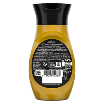 Vue arrière du flacon de moutarde au miel Maille. L’étiquette noire présente les informations produit, la liste des ingrédients, les valeurs nutritionnelles, un code-barres, un QR code ainsi que les consignes de tri et de recyclage de l’emballage. La couleur dorée de la moutarde est visible à travers le flacon transparent de 285 g, surmonté d’un bouchon verseur noir.