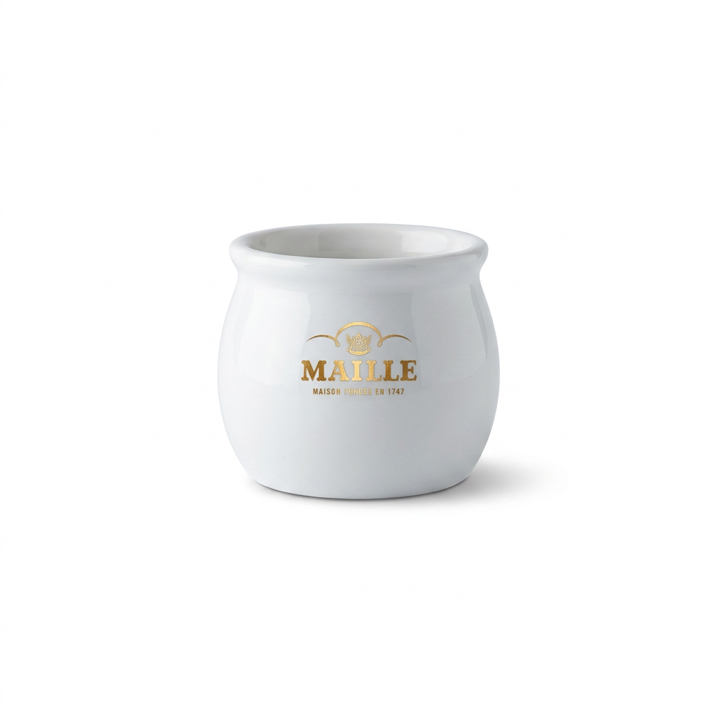 Pot à sauce Maille en céramique blanche brillante, inspiré des moutardières emblématiques de la Maison Maille. Orné du logo Maille doré et de la mention « Maison fondée en 1747 », ce contenant élégant au design intemporel est idéal pour présenter et servir la moutarde à table.