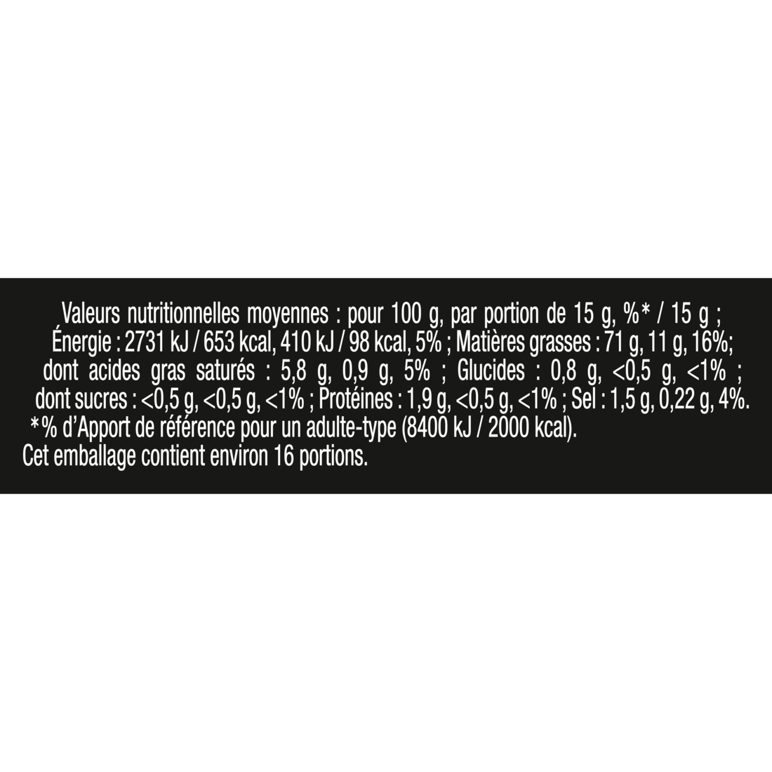 Tableau des valeurs nutritionnelles de la mayonnaise Maille Fins Gourmets à la moutarde à l’ancienne. Les informations sont indiquées pour 100 g et par portion de 15 g. Le produit apporte 653 kcal pour 100 g et 98 kcal par portion, avec 71 g de matières grasses, 0,8 g de glucides, 1,9 g de protéines et 1,5 g de sel pour 100 g. Le visuel précise également les pourcentages d’apports de référence par portion et indique qu’un flacon contient environ 16 portions.
