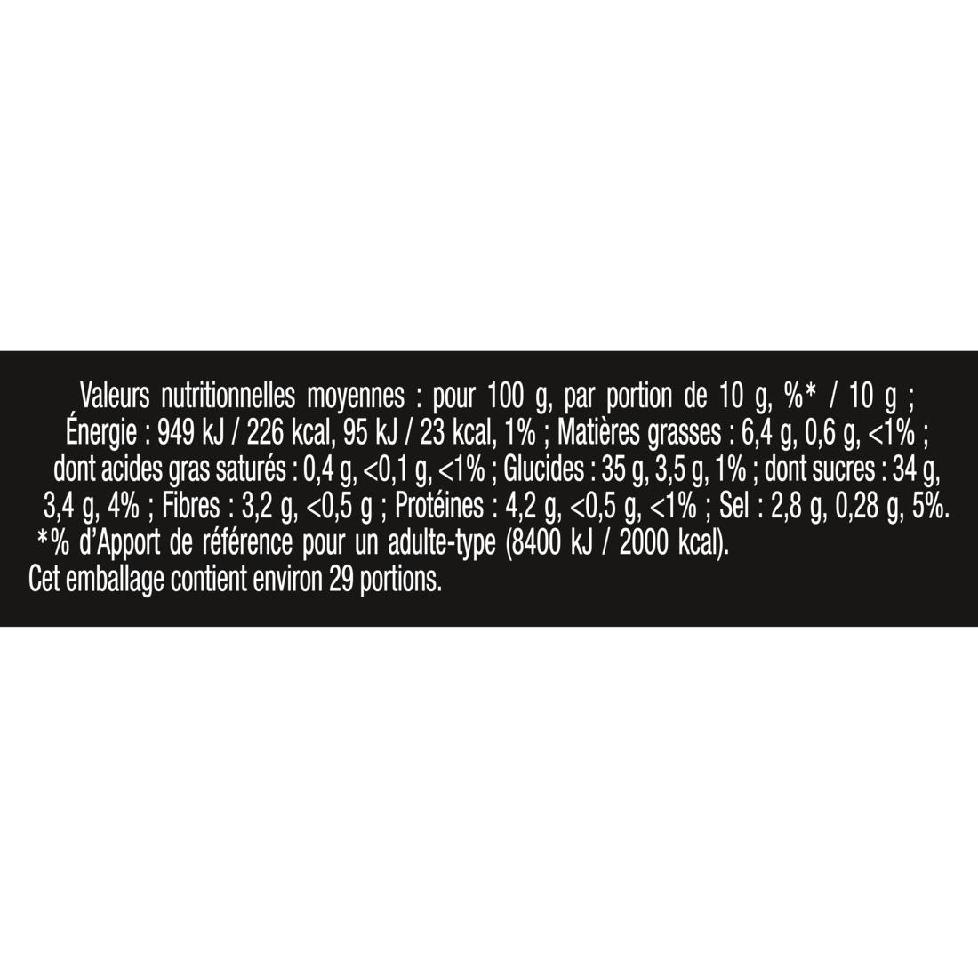 Tableau des valeurs nutritionnelles de la moutarde au miel Maille, indiquant les apports pour 100 g et pour une portion de 10 g. Le visuel présente la valeur énergétique, les matières grasses dont acides gras saturés, les glucides dont sucres, les fibres, les protéines et le sel, ainsi que le pourcentage des apports de référence par portion. Une portion de 10 g apporte notamment 23 kcal, 0,6 g de matières grasses, 3,5 g de glucides et 0,28 g de sel.