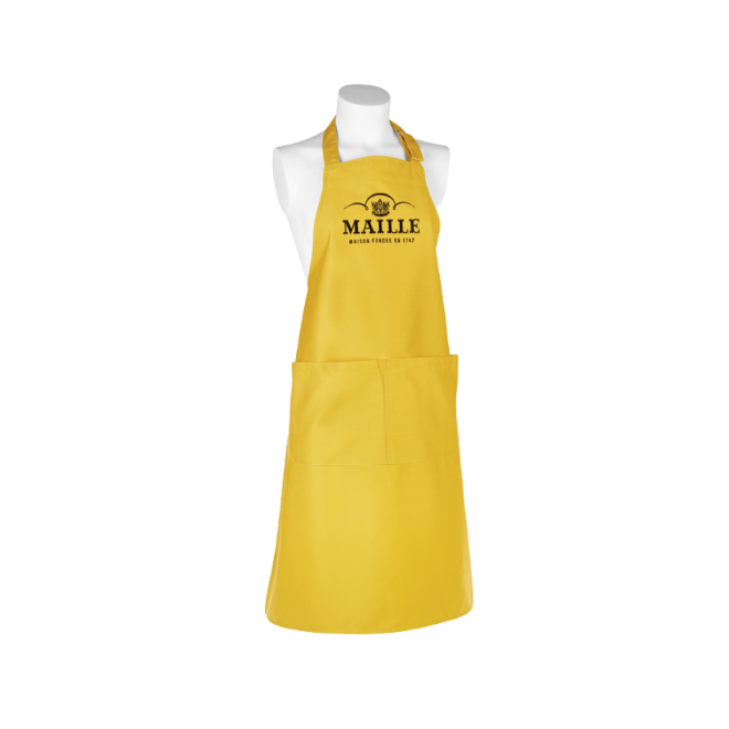 Tablier de cuisine jaune Maille avec logo emblématique et grande poche frontale.