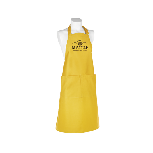 Tablier de cuisine jaune Maille avec logo emblématique et grande poche frontale.