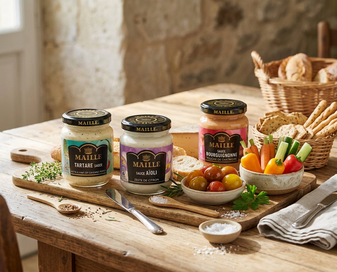 Sélection de sauces Maille présentées sur une table de dégustation avec légumes croquants, tomates cerises, crackers et pain. On y découvre les sauces Tartare, Aïoli et Bourguignonne.