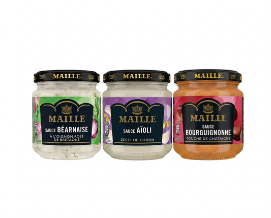 Trio de sauces Maille en bocaux : sauce béarnaise à l’oignon rosé de Bretagne, sauce aïoli au zeste de citron et sauce bourguignonne à la touche de châtaigne.