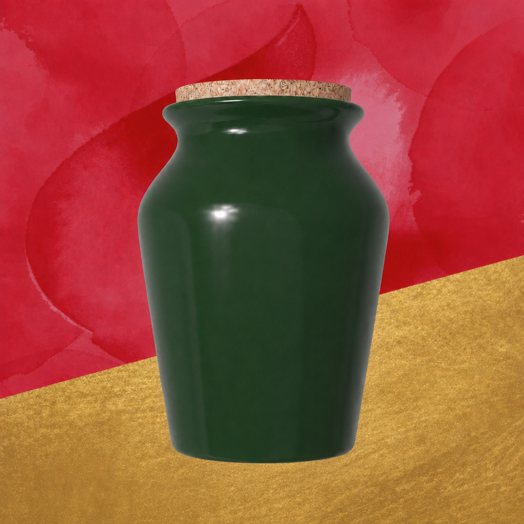 Pot en grès Maille vert forêt avec bouchon en liège, présenté sur un fond rouge et or évoquant l’élégance et l’art de vivre à la française.