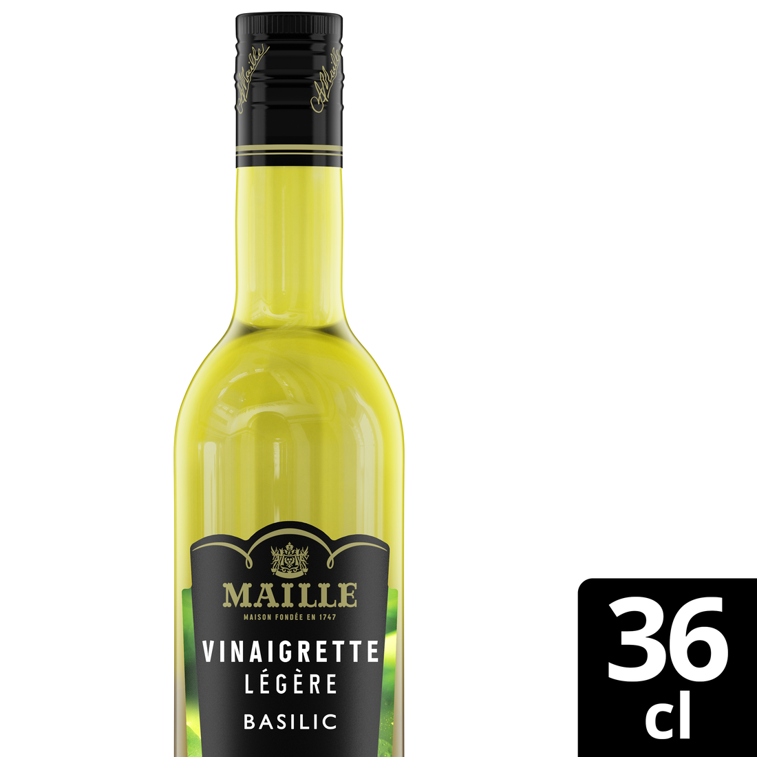 Zoom sur la bouteille de vinaigrette légère Maille au basilic avec pointe de miel. Le visuel met en avant la partie supérieure du produit, avec l’étiquette noire et dorée « Vinaigrette Légère Basilic » et la mention du format 36 cl affichée dans un encart noir. La bouteille en verre laisse apparaître la vinaigrette aux teintes dorées, sur fond blanc.