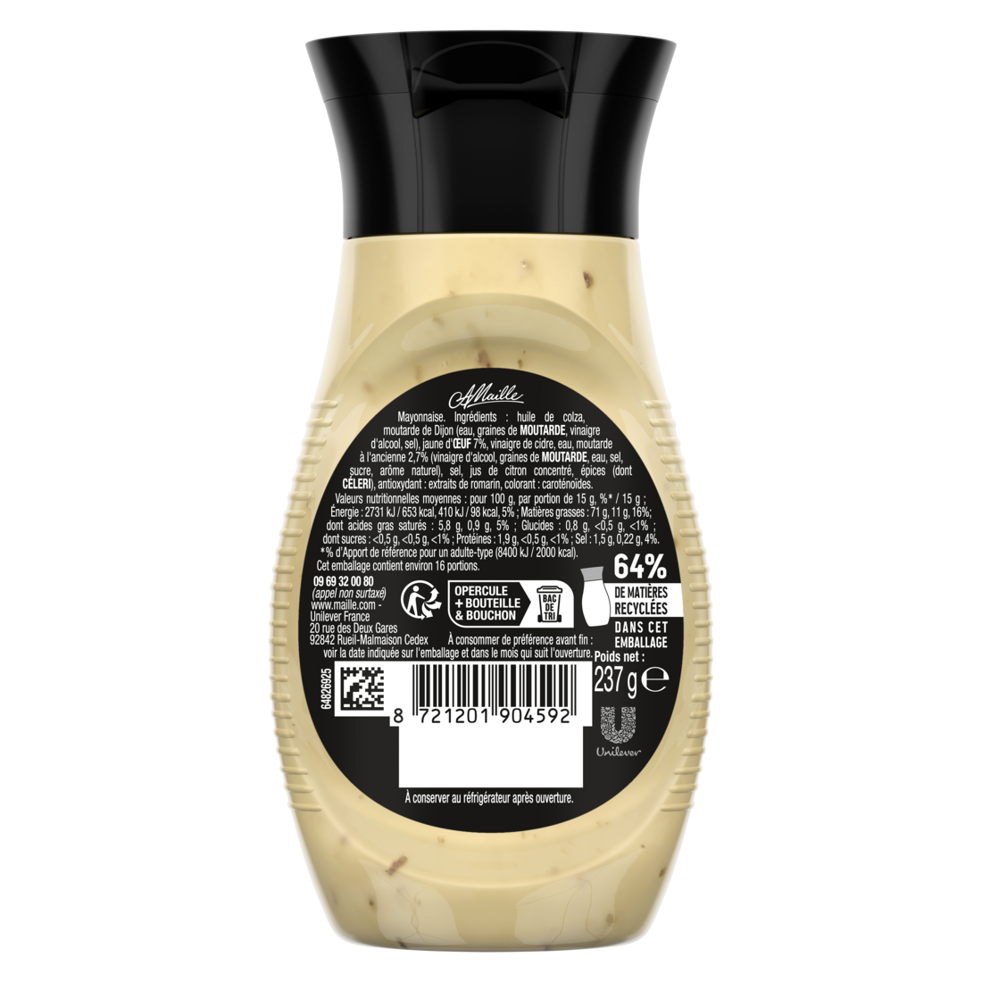 Vue arrière de la mayonnaise Maille Fins Gourmets à la moutarde à l’ancienne en flacon souple de 237 g. Le dos de l’emballage présente les informations produit, la liste des ingrédients, les valeurs nutritionnelles, les consignes de recyclage, le code-barres et les mentions légales. Le produit est détouré sur fond transparent, mettant en évidence la texture crémeuse parsemée de grains de moutarde visibles à travers le flacon.
