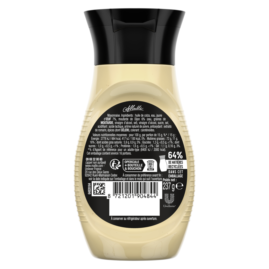 Vue arrière de la Mayonnaise Fine Maille à la moutarde de Dijon en flacon souple de 237 g. Le dos de l’emballage présente les informations produit, la liste des ingrédients, les valeurs nutritionnelles, les consignes de recyclage, le code-barres et les mentions légales. Le produit est détouré sur fond transparent, laissant apparaître la texture lisse et onctueuse de la mayonnaise à travers le flacon.