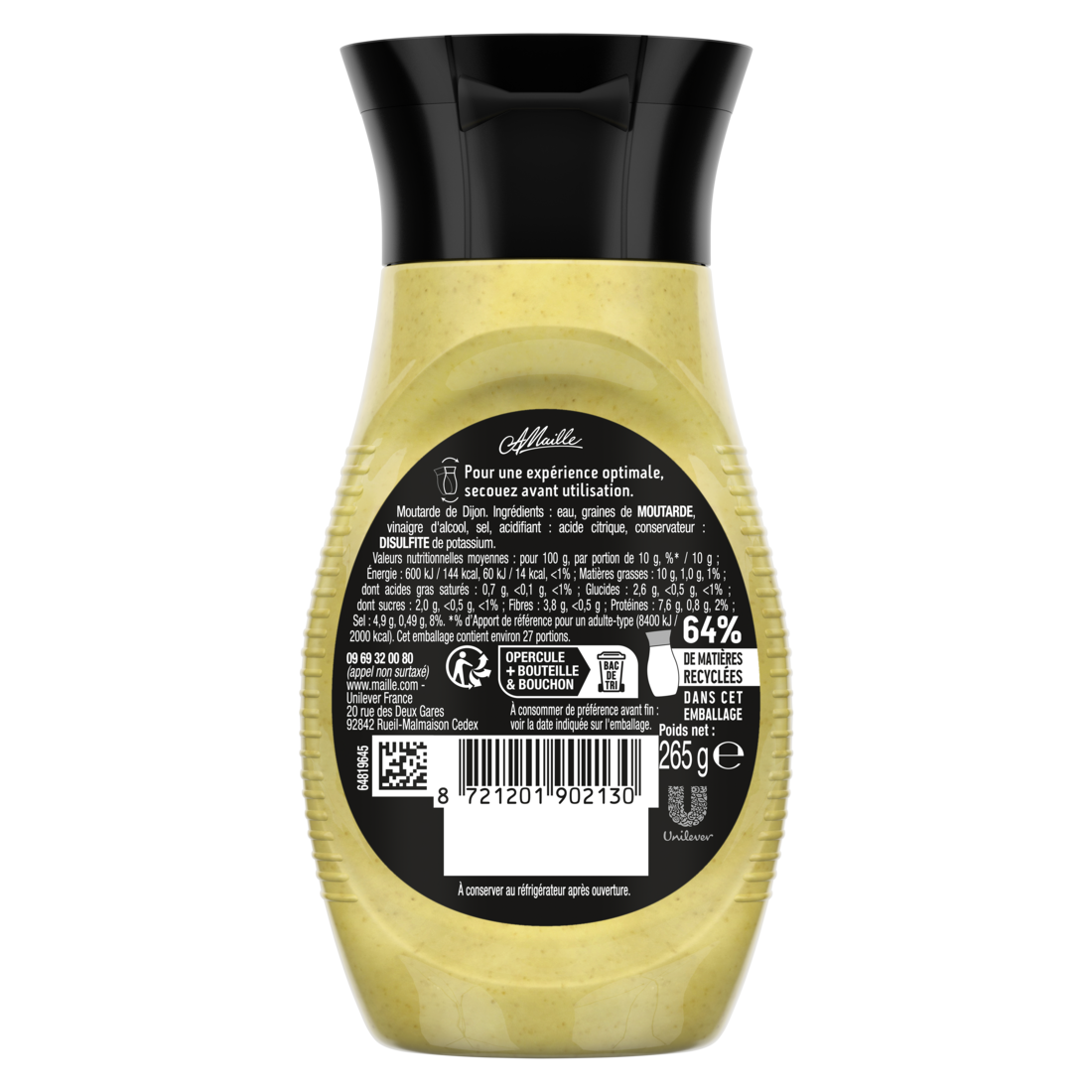 Vue arrière de la moutarde de Dijon Maille L’Originale en flacon souple de 265 g. Le dos de l’emballage présente les informations produit, les conseils d’utilisation, la liste des ingrédients, les valeurs nutritionnelles, les consignes de recyclage, le code-barres et les mentions légales. Le produit est détouré sur fond transparent et laisse apparaître la moutarde jaune doré à travers le flacon.