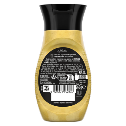 Vue arrière de la moutarde de Dijon Maille L’Originale en flacon souple de 265 g. Le dos de l’emballage présente les informations produit, les conseils d’utilisation, la liste des ingrédients, les valeurs nutritionnelles, les consignes de recyclage, le code-barres et les mentions légales. Le produit est détouré sur fond transparent et laisse apparaître la moutarde jaune doré à travers le flacon.